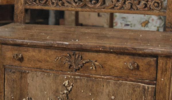 Before and after antique furniture restoration showing detailed craftsmanship