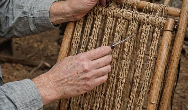 Chair recaning process showing traditional weaving techniques