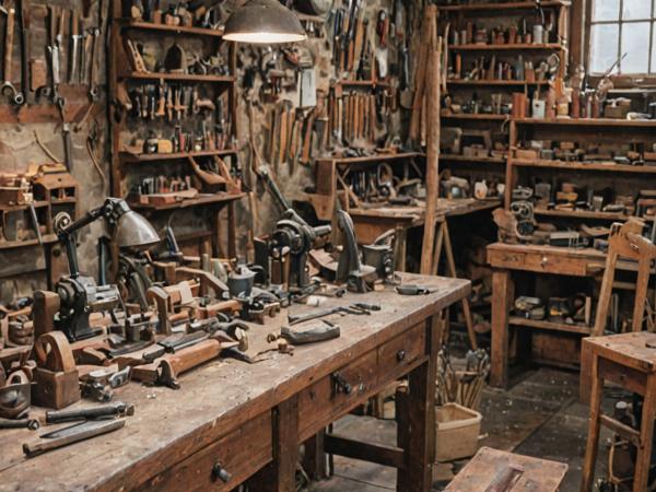 Antique restoration workshop showing traditional tools and craftsmanship